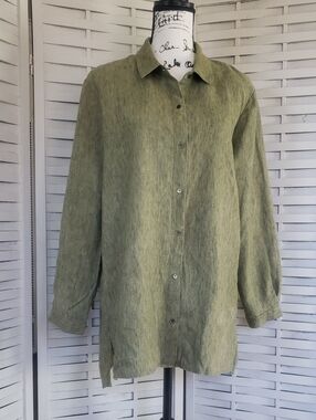 Eileen Fisher Olive Green Lightweight Button-Front Long Sleeve Tunic Size M